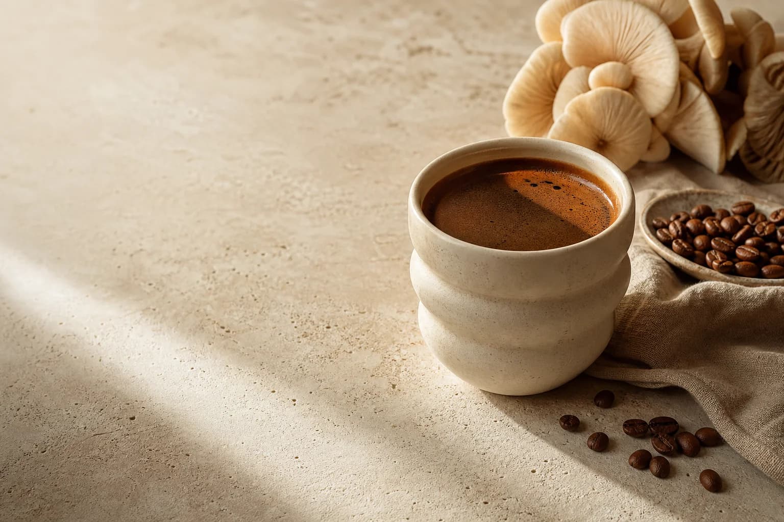 A prepared coffee cup with coffee beans