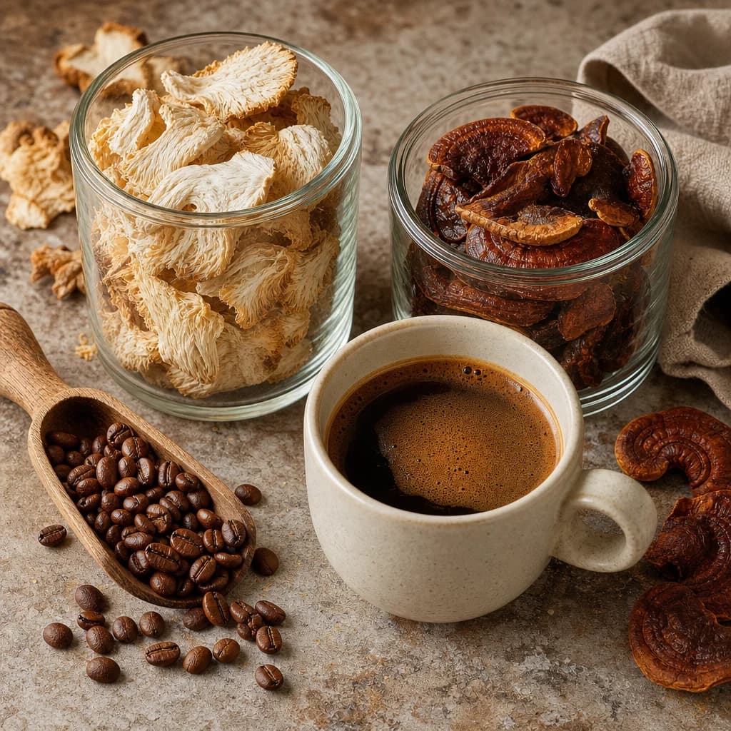 Coffee beans and mushrooms used in coffee blends